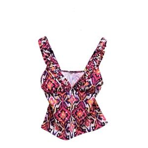 COLE Tankini Top Size L Fuschia Black White Ruffles NWT